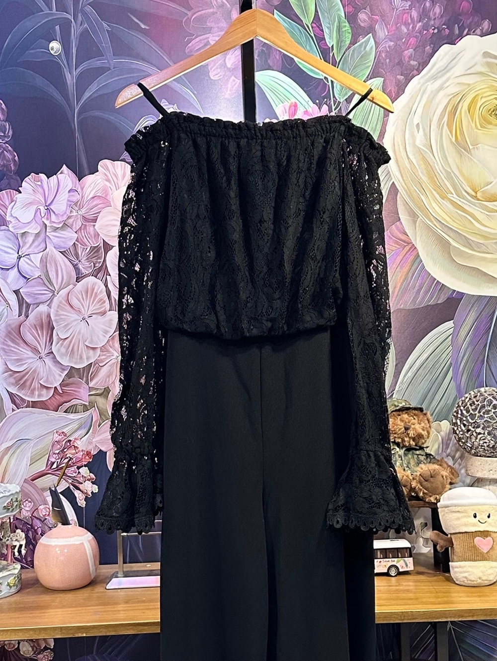 Adrianna Papell 14 Black Lace Off Shoulder Wide Leg Jumpsuit Formal Evening